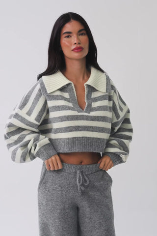 Soft Knit Layered Collar Cropped Jumper in Grey Stripe