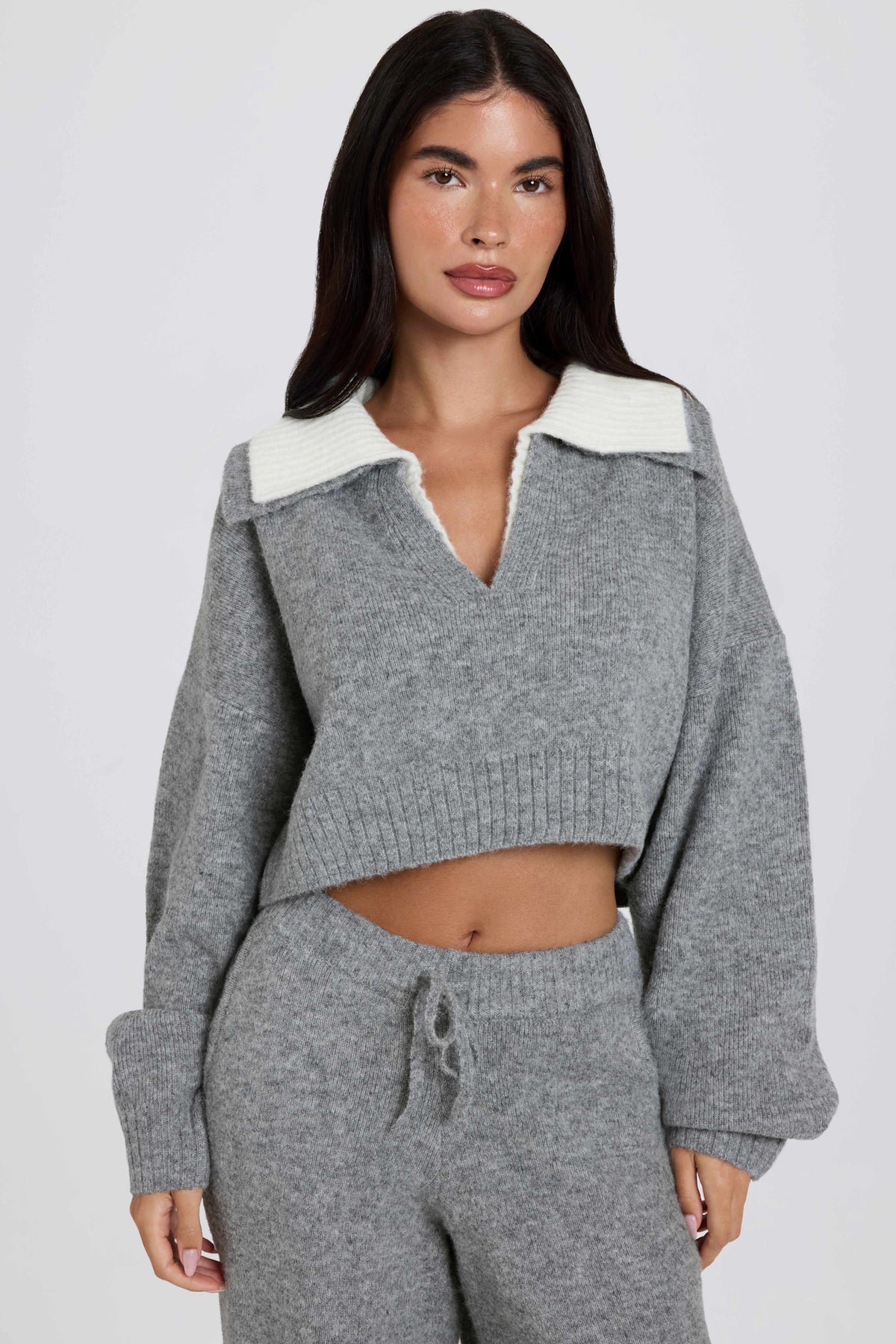 Soft Knit Layered Collar Cropped Jumper in Grey