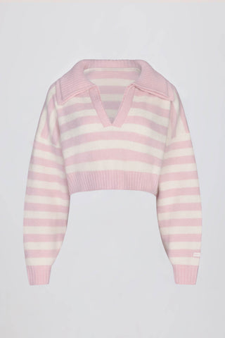 Soft Knit Layered Collar Cropped Jumper in Pink Stripe