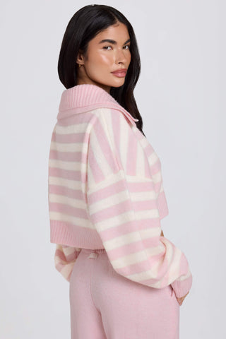 Soft Knit Layered Collar Cropped Jumper in Pink Stripe
