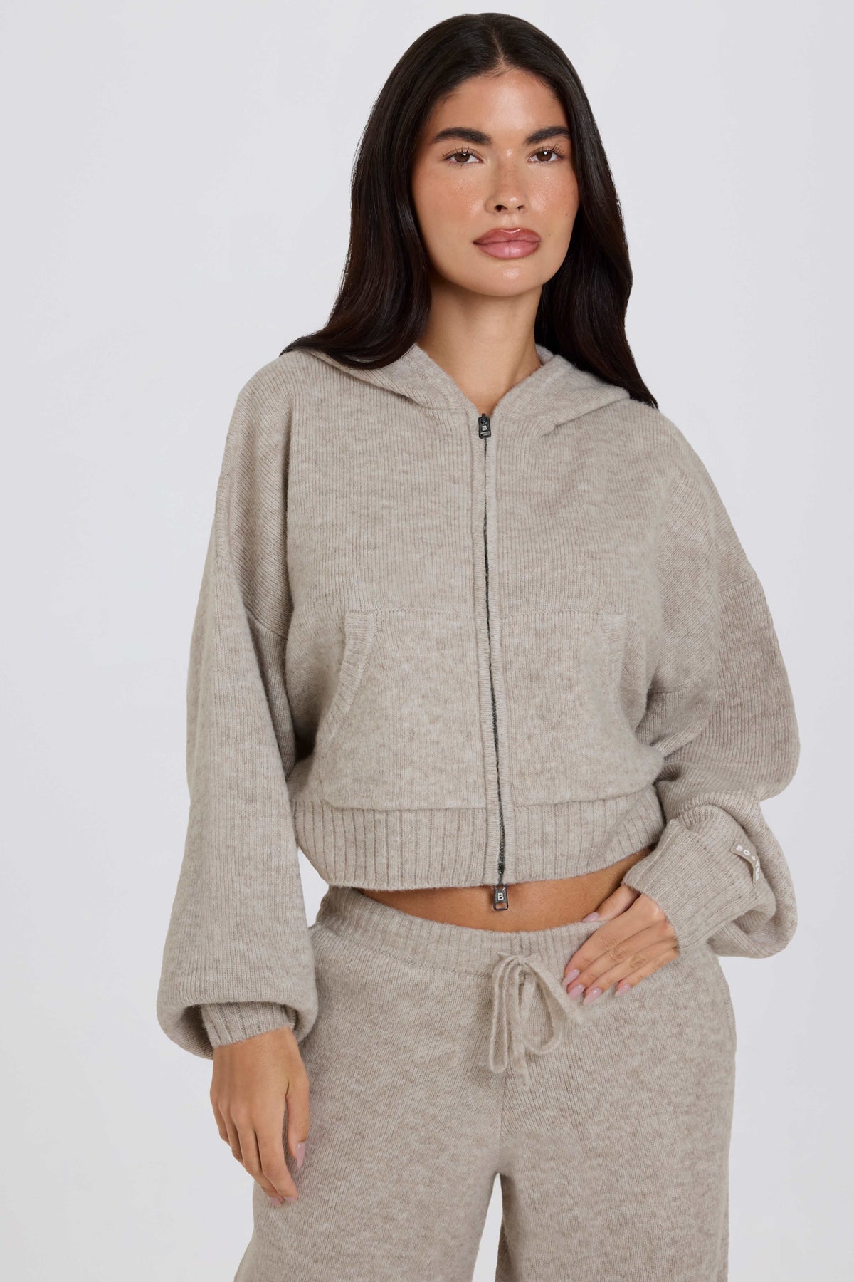 Soft Knit Zip-Up Cropped Hoodie in Beige