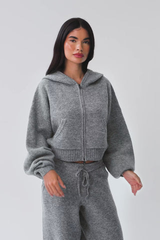 Soft Knit Zip-Up Cropped Hoodie in Grey