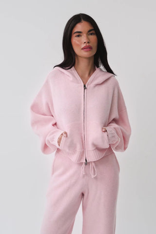 Soft Knit Zip-Up Cropped Hoodie in Soft Pink