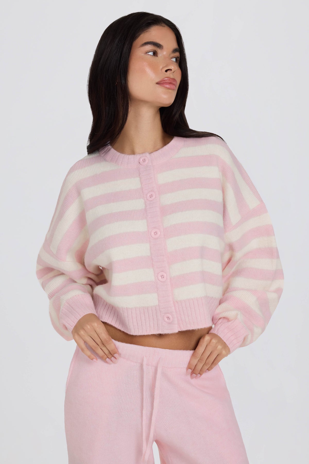 Soft Knit Stripe Cropped Cardigan in Pink Stripe