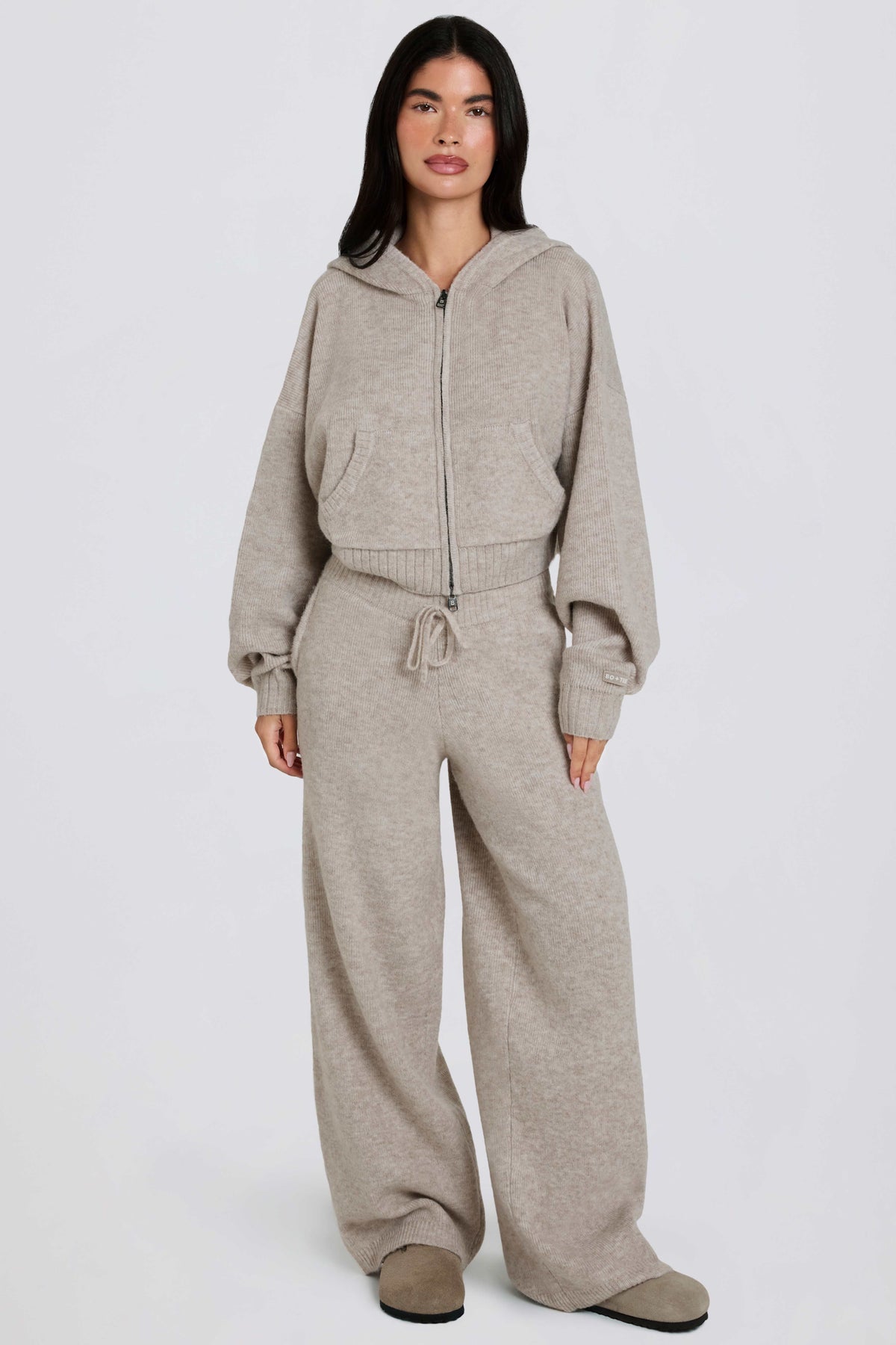 Knit Mid-Rise Wide-Leg Joggers in Beige