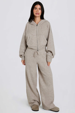 Knit Mid-Rise Wide-Leg Joggers in Beige