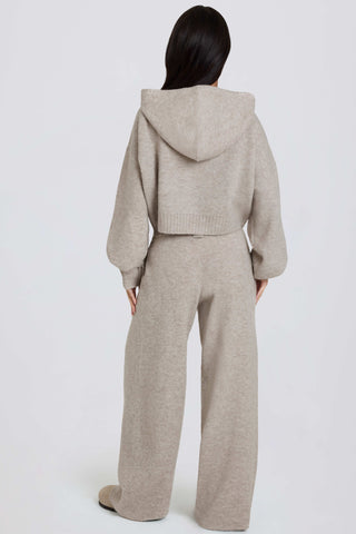 Knit Mid-Rise Wide-Leg Joggers in Beige