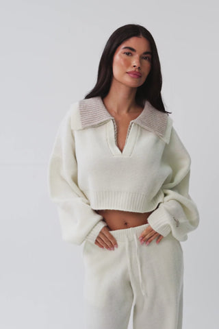 Knit Mid-Rise Wide-Leg Joggers in Ivory