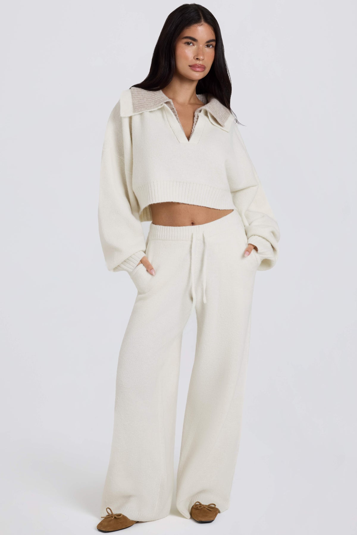 Knit Mid-Rise Wide-Leg Joggers in Ivory