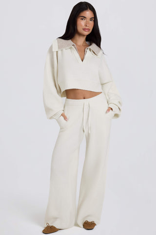 Knit Mid-Rise Wide-Leg Joggers in Ivory