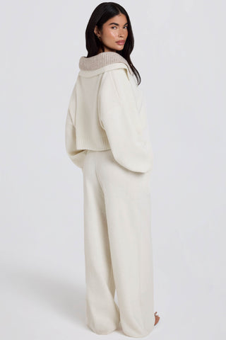 Knit Mid-Rise Wide-Leg Joggers in Ivory