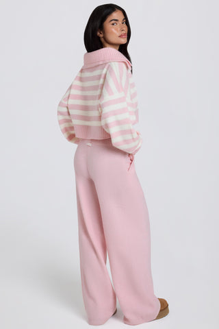 Knit Mid-Rise Wide-Leg Joggers in Soft Pink