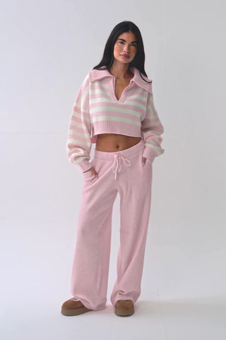 Knit Mid-Rise Wide-Leg Joggers in Soft Pink