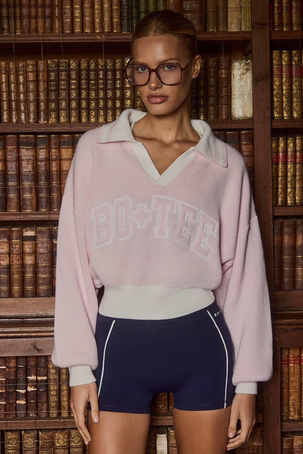 Cotton Jersey Oversized V-Neck Jumper in Powder Pink