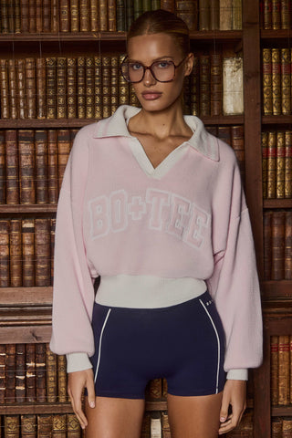 Cotton Jersey Oversized V-Neck Jumper in Powder Pink