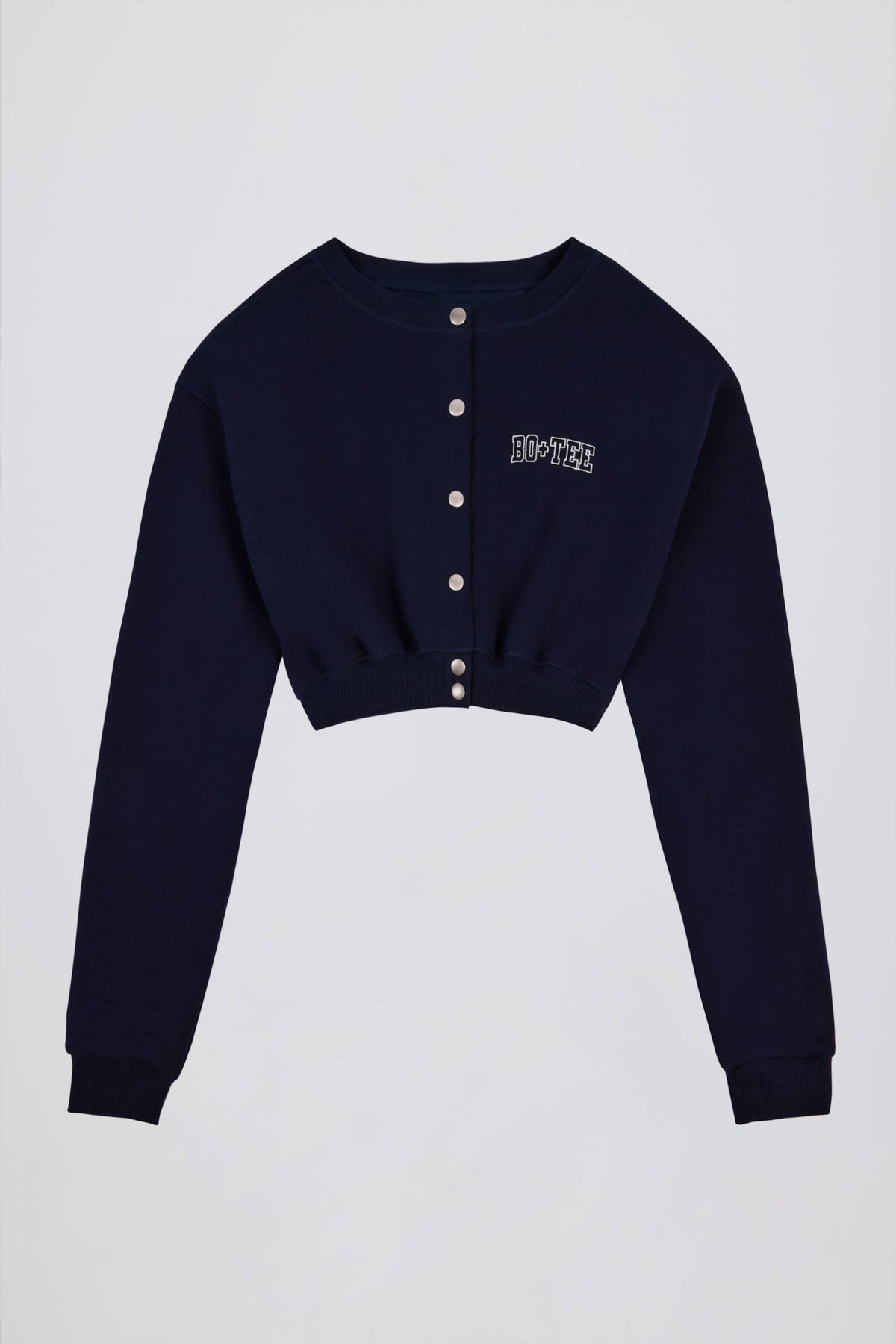 Premium Brushed Jersey Button-Up Cropped Cardigan in Classic Navy