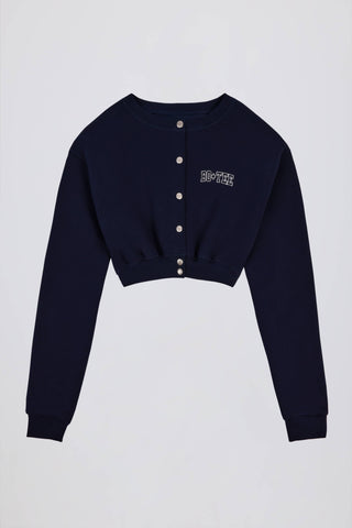 Premium Brushed Jersey Button-Up Cropped Cardigan in Classic Navy