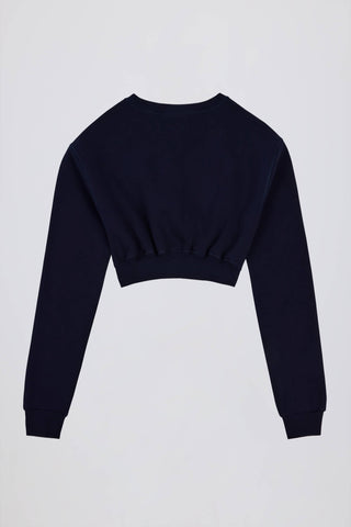 Premium Brushed Jersey Button-Up Cropped Cardigan in Classic Navy