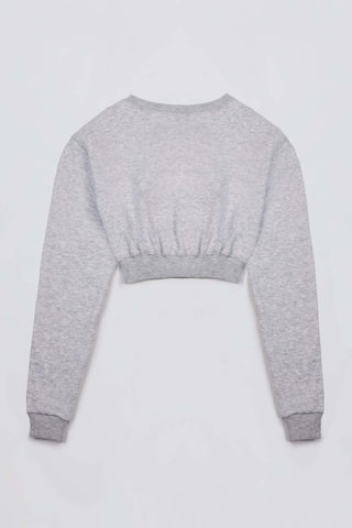 Premium Brushed Jersey Button-Up Cropped Cardigan in Grey Marl