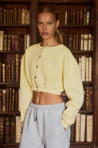 Premium Brushed Jersey Button-Up Cropped Cardigan in Soft Yellow