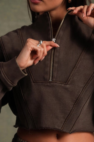 Cotton Jersey Acid Wash Cropped Sweatshirt in Brown