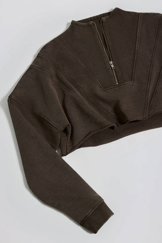 Cotton Jersey Acid Wash Cropped Sweatshirt in Brown