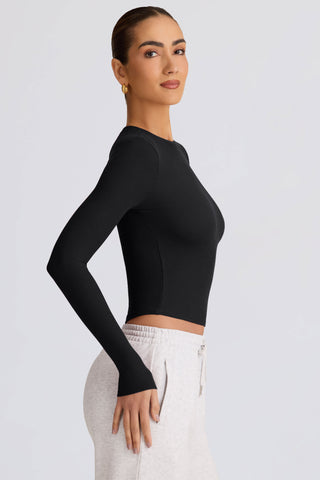Ribbed Modal Long-Sleeve Top in Black