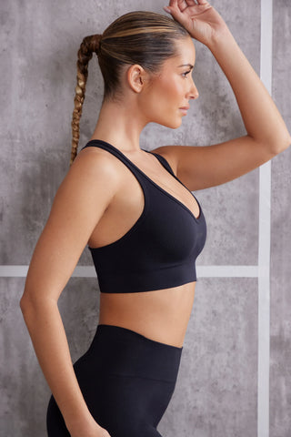 Plunge Neck Sports Bra in Jet Black