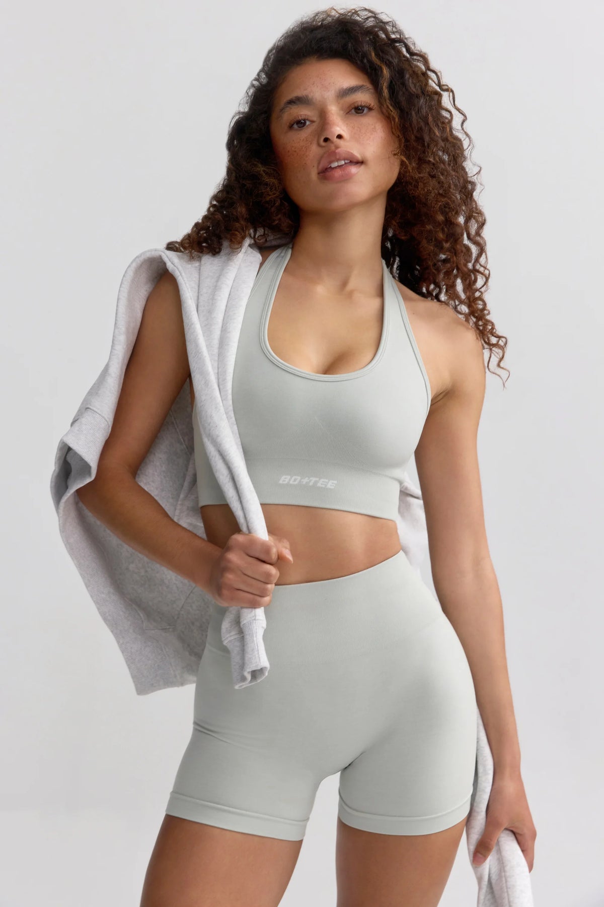 Plunge Neck Define Luxe Sports Bra in Grey