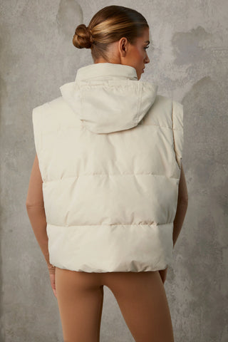 Cropped Puffer Jacket with Detachable Sleeves in Sand