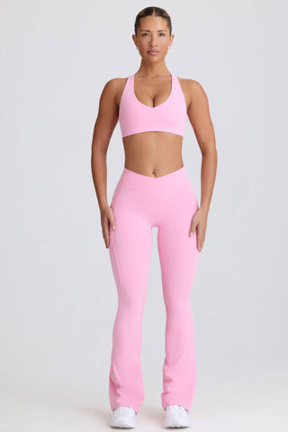 Soft Active V-Waist Pocket Flared Leggings in Baby Pink