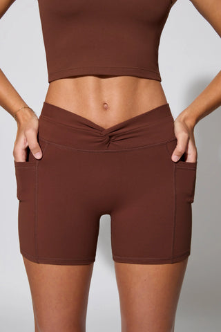Twist Waist Mini Shorts with Pockets in Brown