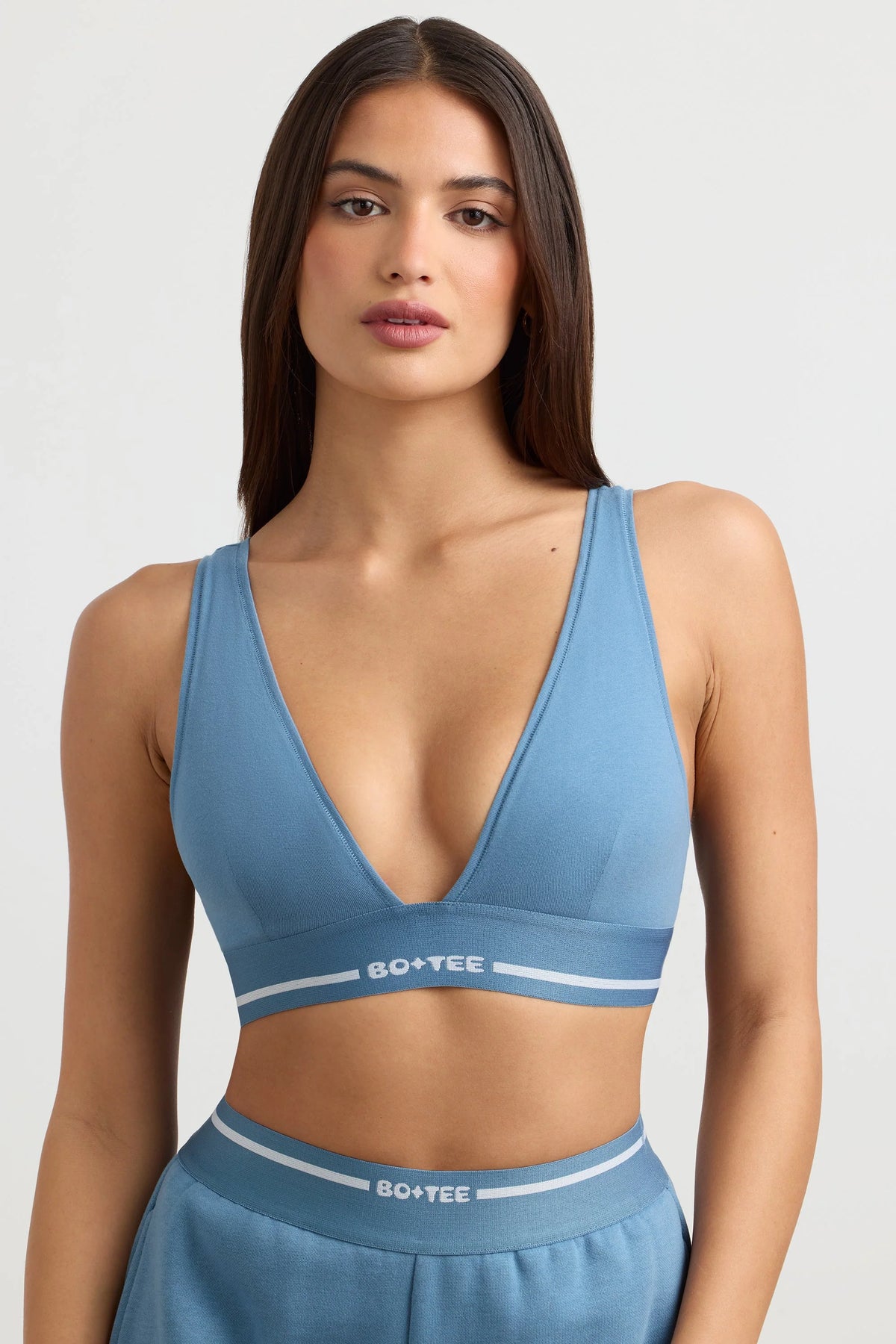 Stretch Cotton Jersey Plunge-Neck Crop Top in Steel Blue