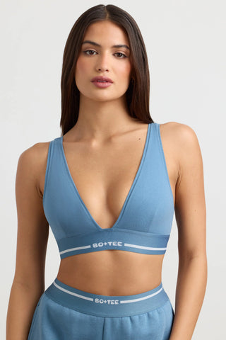 Stretch Cotton Jersey Plunge-Neck Crop Top in Steel Blue