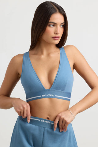Stretch Cotton Jersey Plunge-Neck Crop Top in Steel Blue