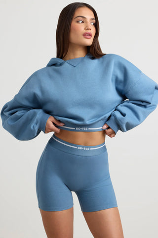 Stretch Cotton Fleece Cropped Hoodie in Steel Blue