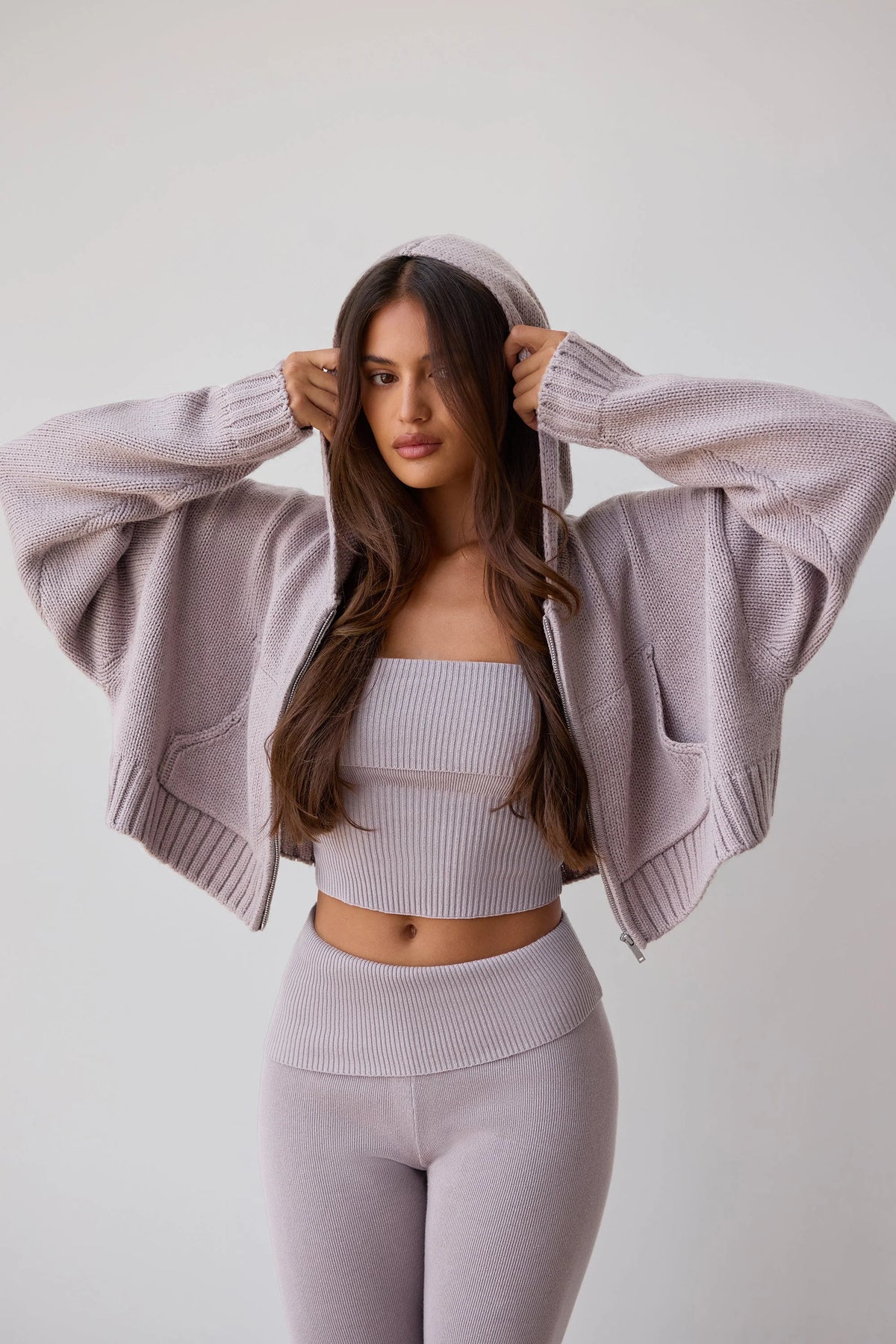 Chunky Knit Zip-Up Cropped Hoodie in Dusty Lavender
