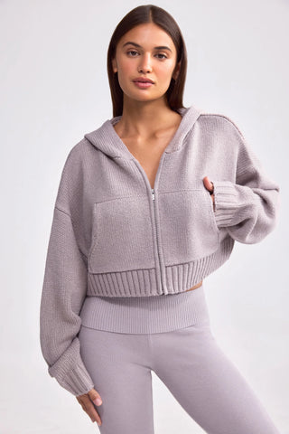 Chunky Knit Zip-Up Cropped Hoodie in Dusty Lavender