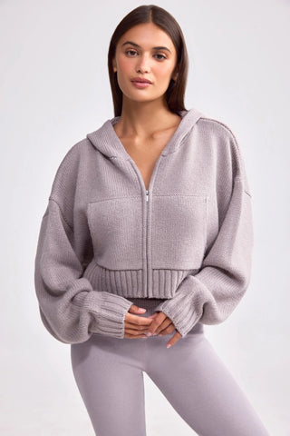 Chunky Knit Zip-Up Cropped Hoodie in Dusty Lavender