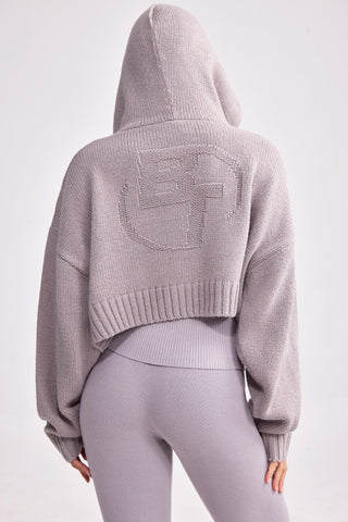 Chunky Knit Zip-Up Cropped Hoodie in Dusty Lavender