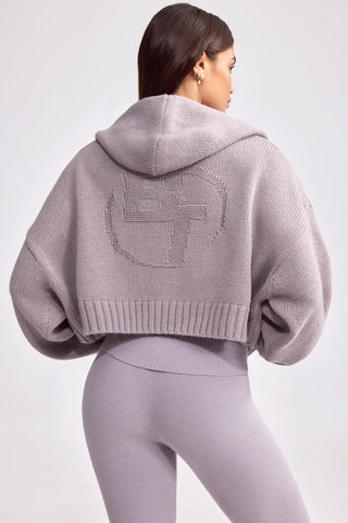 Chunky Knit Zip-Up Cropped Hoodie in Dusty Lavender