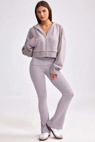 Chunky Knit Zip-Up Cropped Hoodie in Dusty Lavender