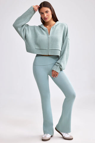 Chunky Knit Zip-Up Cropped Hoodie in Dusty Teal