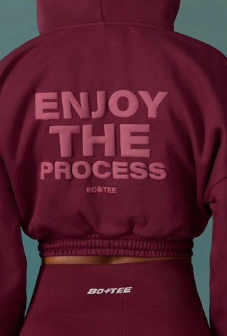 Cotton Fleece Drawstring Cropped Hoodie in Plum