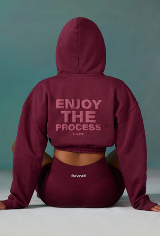 Cotton Fleece Drawstring Cropped Hoodie in Plum