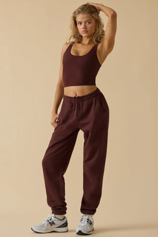 Cotton Fleece Mid-Rise Joggers in Mahogany