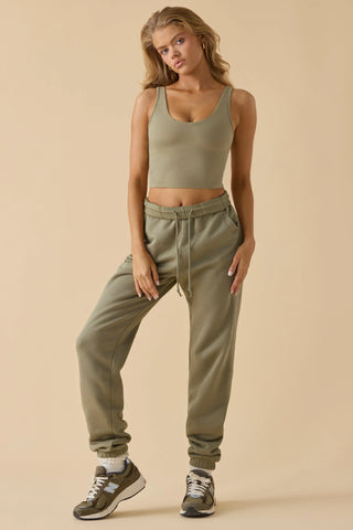 Cotton Fleece Mid-Rise Joggers in Khaki Green