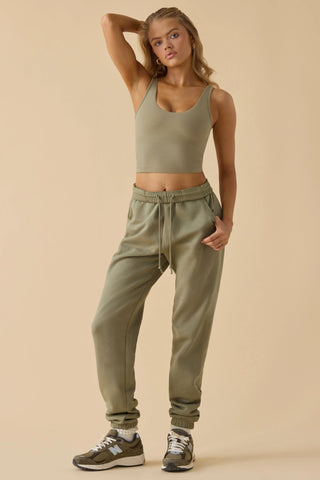 Cotton Fleece Mid-Rise Joggers in Khaki Green