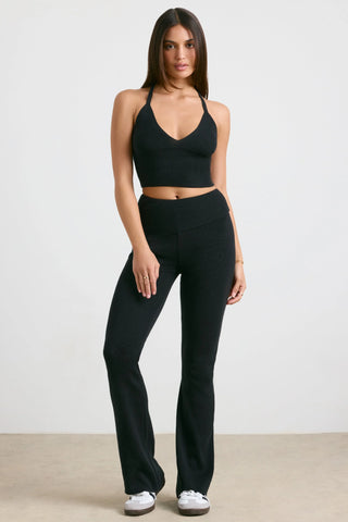 Chunky Knit Foldover Kick Flare Trousers in Black