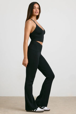 Chunky Knit Foldover Kick Flare Trousers in Black